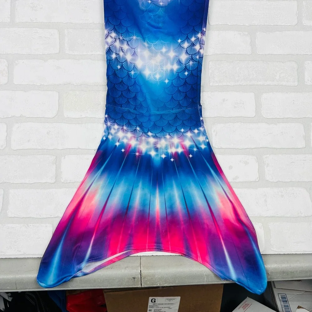 Kids Mermaid Tail Swim Coverup Pink Blue Scale Print Flipper Slit Skirt